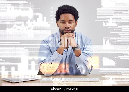 Black man, portrait and dashboard, coding and hologram, cybersecurity, information technology and software overlay. Malware, analytics and programming Stock Photo