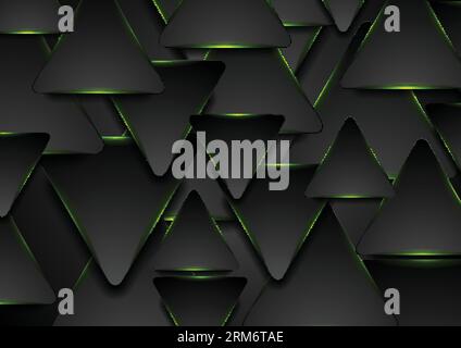 Black and glowing green triangles abstract hi-tech background. Vector design Stock Vector