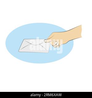 closeup right hand holding blank envelope on blue copy space illustration vector hand drawn isolated on white background Stock Vector