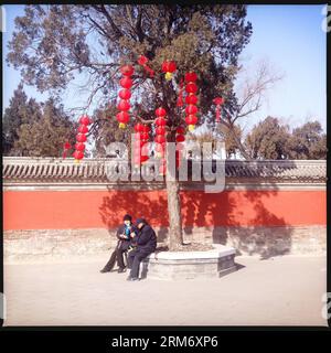 (140203) -- BEIJING, Feb. 2, 2014 (Xinhua) -- In this photo taken with a smartphone on Feb. 2, 2014, an elderly couple have a rest near the entrance of the Yuanmingyuan Temple Fair in Beijing, capital of China. In Beijing, temple fairs have been a typical repertoire during the Spring Festival, which fell on Jan. 31 this year. People entertain themselves at temple fairs with various food and snacks as well as folk activities. (Xinhua/Shen Bohan) (lmm) CHINA-BEIJING-SPRING FESTIVAL-TEMPLE FAIR-SMARTPHONE (CN) PUBLICATIONxNOTxINxCHN   Beijing Feb 2 2014 XINHUA in This Photo Taken With a Smartphon Stock Photo