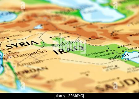 world map of middle east asia, iraq, baghdad, syria, damascus, kuwait countries in close up Stock Photo