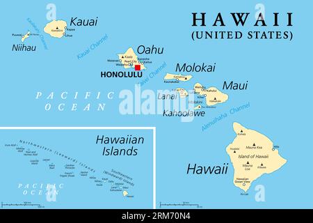 Hawaiian Islands, political map. Archipelago of eight major volcanic islands, several atolls and numerous smaller islets in the North Pacific Ocean. Stock Photo