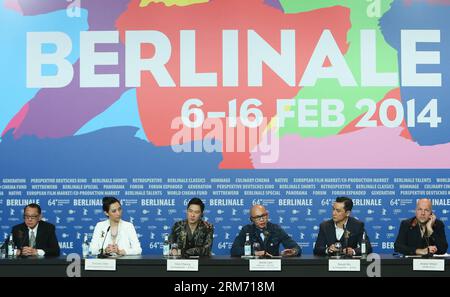 (L-R) Chairman of Emperor Group Albert Yeung, actress Christie Chen, actor Nick Cheung, director Dante Lam and actor Daniel Wu attend a press conference to promote the movie That Demon Within at the 64th Berlinale International Film Festival in Berlin, Germany, on Feb. 8, 2013. (Xinhua/Zhang Fan) GERMANY-BERLIN-FILM FESTIVAL-THAT DEMON WITHIN PUBLICATIONxNOTxINxCHN   l r Chairman of Emperor Group Albert Yeung actress Christie Chen Actor Nick Cheung Director Dante LAM and Actor Daniel Wu attend a Press Conference to promote The Movie Thatcher Demon Within AT The 64th Berlinale International Fil Stock Photo