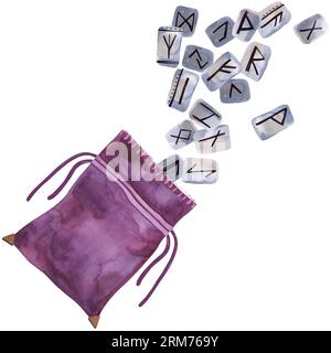 A bag with scattered stone Scandinavian runes for divination. Modern witch set. Isolated watercolor hand drawn illustration with golden leaf on white Stock Photo