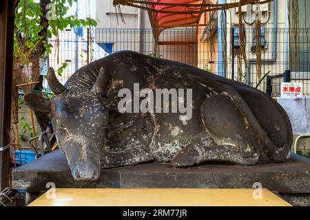 Oita, Japan - Nov 26 2022: Goshingyu, or the sacred ox at a small shrine. It is believed that rubbing its head makes a person smarter Stock Photo