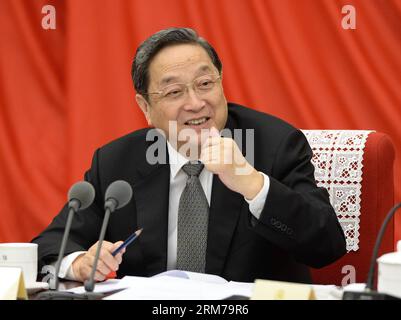 (140220) -- BEIJING, Feb. 20, 2014 (Xinhua) -- Yu Zhengsheng, chairman of the National Committee of the Chinese People s Political Consultative Conference (CPPCC), presides over the 12th meeting of the chairman and vice-chairpersons of the 12th CPPCC National Committee in Beijing, capital of China, Feb. 20, 2014. (Xinhua/Ma Zhancheng) (wf) CHINA-BEIJING-CPPCC-YU ZHENGSHENG-MEETING (CN) PUBLICATIONxNOTxINxCHN   Beijing Feb 20 2014 XINHUA Yu Zheng Sheng Chairman of The National Committee of The Chinese Celebrities S Political Consultative Conference CPPCC Presid Over The 12th Meeting of The Chai Stock Photo