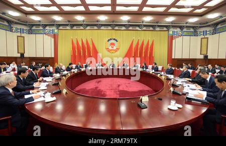 (140220) -- BEIJING, Feb. 20, 2014 (Xinhua) -- Yu Zhengsheng (C), chairman of the National Committee of the Chinese People s Political Consultative Conference (CPPCC), presides over the 12th meeting of the chairman and vice-chairpersons of the 12th CPPCC National Committee in Beijing, capital of China, Feb. 20, 2014. (Xinhua/Ma Zhancheng) (wf) CHINA-BEIJING-CPPCC-YU ZHENGSHENG-MEETING (CN) PUBLICATIONxNOTxINxCHN   Beijing Feb 20 2014 XINHUA Yu Zheng Sheng C Chairman of The National Committee of The Chinese Celebrities S Political Consultative Conference CPPCC Presid Over The 12th Meeting of Th Stock Photo