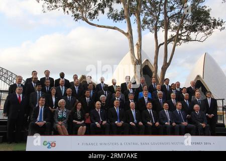 (140222) -- SYDNEY, Feb. 22, 2014 (Xinhua) -- G20 Finance Ministers and Central Bank Governors pose for group photo after a closed-door conference in Sydney, Australia, on Feb.22, 2014. The G20 meeting of Finance Ministers and Central Bank Governors was held here on Saturday. (Xinhua/Zhao Xiaona) AUSTRALIA-SYDNEY-G20-MEETING PUBLICATIONxNOTxINxCHN   Sydney Feb 22 2014 XINHUA G20 Finance Minister and Central Bank Governors Pose for Group Photo After a Closed Door Conference in Sydney Australia ON Feb 22 2014 The G20 Meeting of Finance Minister and Central Bank Governors what Hero Here ON Saturd Stock Photo