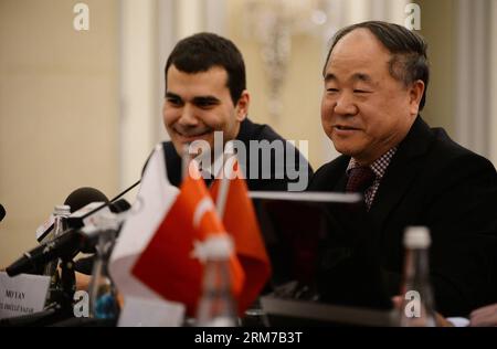 (140222) -- ISTANBUL, Feb. 22, 2014 (Xinhua) -- Chinese writer and Nobel laureate Mo Yan (R) speaks at a press confrence in Istanbul, Turkey, on Feb. 22. Mo Yan, who is taking a week-long tour to Turkey, called on the Chinese and Turkish governments Saturday to make further efforts in translating more works in a bid to increase better understanding and friendship between the people of the two countries. (Xinhua/Lu Zhe) TURKEY-ISTANBUL-LITERATURE-MO YAN-VISIT PUBLICATIONxNOTxINxCHN   Istanbul Feb 22 2014 XINHUA Chinese Writer and Nobel Laureate Mo Yan r Speaks AT a Press confrence in Istanbul T Stock Photo