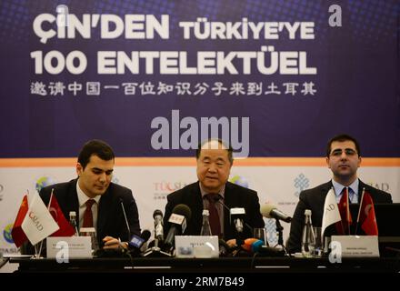 (140222) -- ISTANBUL, Feb. 22, 2014 (Xinhua) -- Chinese writer and Nobel laureate Mo Yan (C) speaks at a press confrence in Istanbul, Turkey, on Feb. 22. Mo Yan, who is taking a week-long tour to Turkey, called on the Chinese and Turkish governments Saturday to make further efforts in translating more works in a bid to increase better understanding and friendship between the people of the two countries. (Xinhua/Lu Zhe) TURKEY-ISTANBUL-LITERATURE-MO YAN-VISIT PUBLICATIONxNOTxINxCHN   Istanbul Feb 22 2014 XINHUA Chinese Writer and Nobel Laureate Mo Yan C Speaks AT a Press confrence in Istanbul T Stock Photo