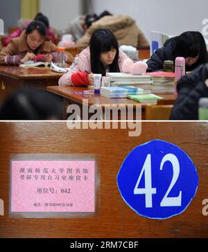 CHANGSHA, Feb. 24, 2014 - The combined photo shows students studying in a room the library (up) of Hunan Normal University and a seat card in Changsha, capital of central China s Hunan Province, Feb. 24, 2014. The library provides three rooms for students who prepare to take postgraduate examinations. The seats of the rooms are distributed to colleges based on their needs. Students can get a seat through seat card lottery or sharing a seat with others. The new way of seat assignment saves students time and reduces the uncouth behavior. (Xinhua/Li Ga) (zkr) CHINA-CHANGSHA-SELF-STUDY ROOM-FIXED Stock Photo