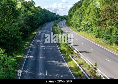 Quiet empty stretch of A12 dual carriageway road near Wickham Market, Suffolk, England, UL Stock Photo
