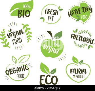 Bio, Ecology, Organic logos and icons, labels, tags. Hand drawn bio healthy food badges, set of raw, vegan, healthy food signs, organic and elements s Stock Vector