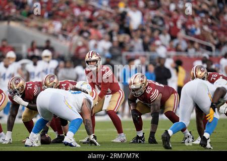 San Francisco 49ers quarterback Brock Purdy (13) prepares to snap the ball  during the first half of an NFL preseason football game against the Los  Angeles Chargers, Friday, Aug. 25, 2023, in