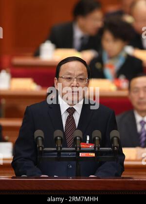 (140309) -- BEIJING, March 9, 2014 (Xinhua) -- Tang Weijian, member of the 12th National Committee of the Chinese People s Political Consultative Conference (CPPCC), speaks at the fourth plenary meeting of the second session of the 12th National Committee of the CPPCC at the Great Hall of the People in Beijing, capital of China, March 9, 2014. (Xinhua/Lan Hongguang) (zkr) (TWO SESSIONS) CHINA-BEIJING-CPPCC-FOURTH PLENARY MEETING (CN) PUBLICATIONxNOTxINxCHN   Beijing March 9 2014 XINHUA Tang Weijian member of The 12th National Committee of The Chinese Celebrities S Political Consultative Confer Stock Photo