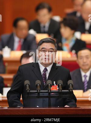 (140309) -- BEIJING, March 9, 2014 (Xinhua) -- Zhu Yongxing, member of the 12th National Committee of the Chinese People s Political Consultative Conference (CPPCC), speaks at the fourth plenary meeting of the second session of the 12th National Committee of the CPPCC at the Great Hall of the People in Beijing, capital of China, March 9, 2014. (Xinhua/Lan Hongguang) (zkr) (TWO SESSIONS) CHINA-BEIJING-CPPCC-FOURTH PLENARY MEETING (CN) PUBLICATIONxNOTxINxCHN   Beijing March 9 2014 XINHUA Zhu Yongxing member of The 12th National Committee of The Chinese Celebrities S Political Consultative Confer Stock Photo