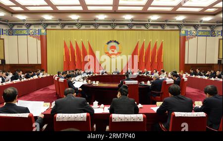 (140311) -- BEIJING, March 11, 2014 (Xinhua) -- The 14th meeting of the chairman and vice-chairpersons of the 12th National Committee of the Chinese People s Political Consultative Conference (CPPCC) is held in Beijing, capital of China, March 11, 2014. Yu Zhengsheng, chairman of the CPPCC National Committee and a member of the Standing Committee of the Political Bureau of the Communist Party of China (CPC) Central Committee, presided over the meeting. (Xinhua/Ma Zhancheng) (zkr) (TWO SESSIONS) CHINA-BEIJING-CPPCC-YU ZHENGSHENG-MEETING (CN) PUBLICATIONxNOTxINxCHN   Beijing March 11 2014 XINHUA Stock Photo