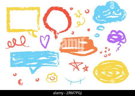 Set wax crayon, chalk doodle elements speech bubbles, lines, stars, marks hand drawn isolated on white background. Textured brush stroke,. Vector illustration Stock Vector