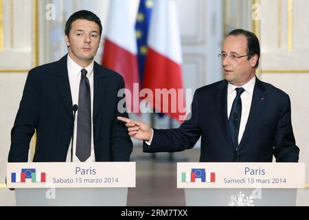French President Francois Hollande (R) and Italian Prime Minister Matteo Renzi give a press conference after their meeting at the Elysee Palace in Paris, France, March 15, 2014. (Xinhua/Etienne Laurent) FRANCE-PARIS-ITALY-PRESS CONFERENCE PUBLICATIONxNOTxINxCHN   French President François Hollande r and Italian Prime Ministers Matteo Renzi Give a Press Conference After their Meeting AT The Elysee Palace in Paris France March 15 2014 XINHUA Etienne Laurent France Paris Italy Press Conference PUBLICATIONxNOTxINxCHN Stock Photo