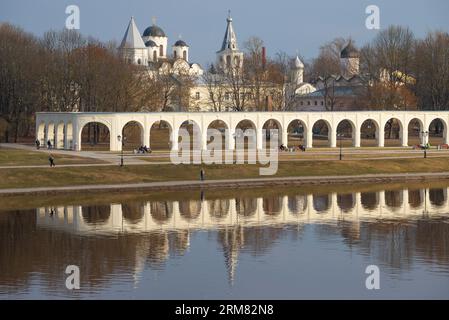 Warm April day at the ancient Yaroslav's courtyard. Veliky Novgorod, Russia Stock Photo