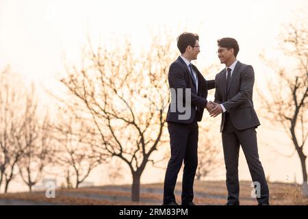 Confident businessmen shaking hands outdoors Stock Photo