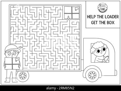 Transportation black and white maze for kids with truck, driver. Line transport preschool printable activity. Geometrical labyrinth game, coloring pag Stock Vector