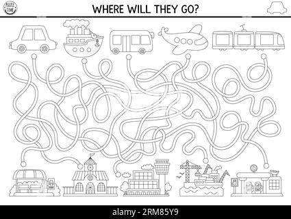 Transportation black and white maze for kids with bird passing driving ...