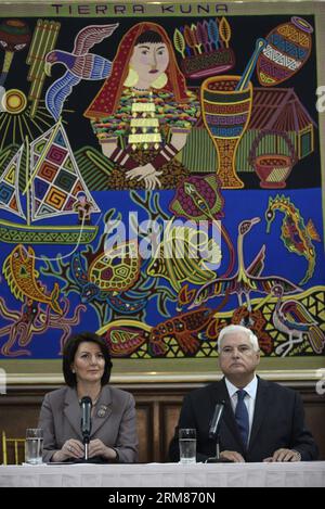 President of Kosovo Atifete Jahjaga (L) participates in a joint press conference with Panama s President Ricardo Martinelli in Panama City, capital of Panama, on March 31, 2014. Atifete Jahjaga is in Panama during an official visit, in the framework of the meeting of the World Economic Forum on Latin America, to be held in Panama from April 1 to 3. (Xinhua/Mauricio Valenzuela) (rt) (sp) PANAMA-PANAMA CITY-KOSOVO-VISIT PUBLICATIONxNOTxINxCHN   President of Kosovo Atifete Jahjaga l participates in a Joint Press Conference With Panama S President Ricardo Martinelli in Panama City Capital of Panam Stock Photo