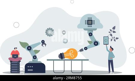 work together with robots to design lamp on conveyor line.flat vector illustration. Stock Vector