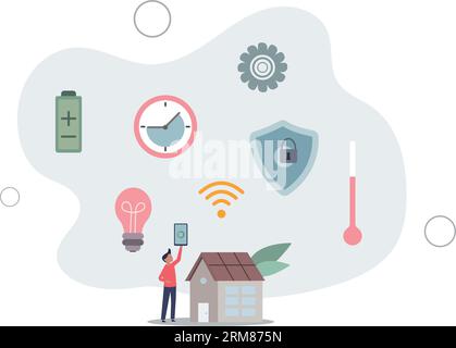 Cartoon hand with mobile app in phone monitoring system of building.flat vector illustration. Stock Vector