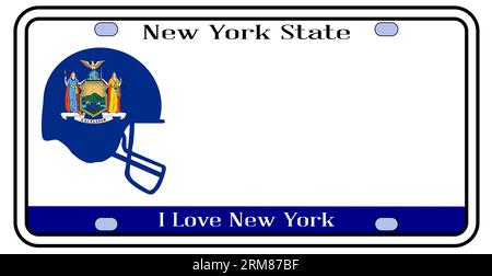 New York state license plate in the colors of the state flag with the flag icons inset into a football over a white background Stock Photo