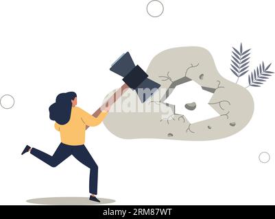 Breakthrough business boundary or limit, breaking the wall to see new work opportunities or career challenge concept.flat vector illustration. Stock Vector