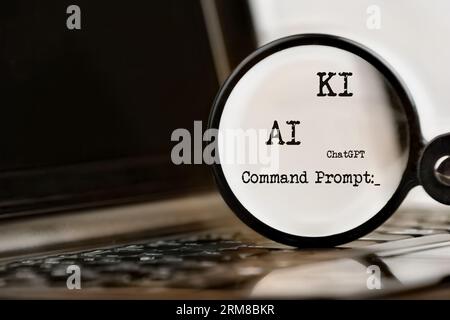 AI technology demonstrated with laptop, text and magnifying glass. Command Prompt and KI. Chat with artificial intelligence. Stock Photo