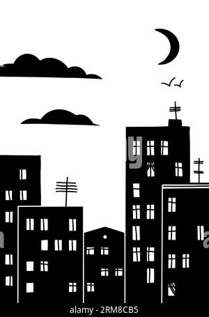 Stylized City Vertical Drawing. Black Silhouette on White Background. Night Background with Floating Crescent Moon, Flat Design Style Vector Illustration. Stock Vector