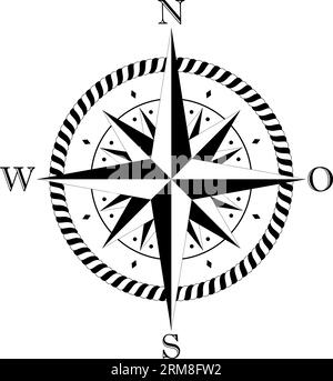 Compass rose vector with four wind directions and German East Description. With cord frame in black and white. Sixteen spike wind rose. Stock Vector