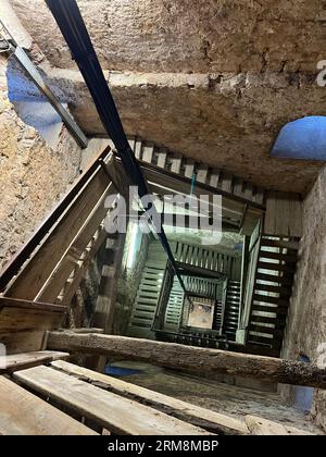 Top-down view of the staircase leading up to the bell tower of the Church of Saint Euphemia in the well preserved old Istrian town of Rovinj, Croatia Stock Photo