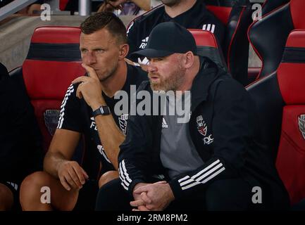 WASHINGTON, DC, USA - 26 AUGUST 2023:DC United coach Wayne Rooney on the bench during a MLS match between D.C United and the Philadelphia Union, on August 26, 2023, at Audi Field, in Washington, DC. (Photo by Tony Quinn-Alamy Live News) Stock Photo
