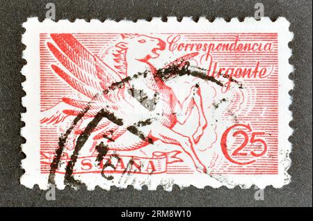 Cancelled postage stamp printed by Spain, that shows Pegasus, Express Post Pegasus, circa 1939. Stock Photo