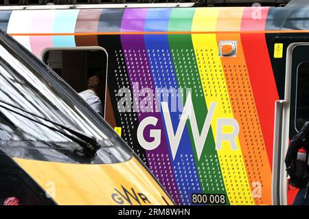 London, UK - 24 August 2023: Logo on the side of a train operated by Great Western Railway painted in rainbow colours to celebrate Gay Pride Stock Photo