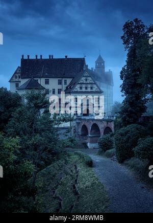 Haunted castle in mist at Halloween night, old spooky mansion at dusk. Vertical view of dark castle in blue mystic twilight. Gloomy scene, mystery and Stock Photo