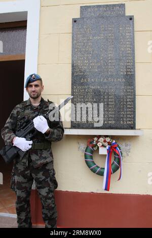 A Slovenian solider stands guard beside a monument engraved with the names of martyrs and victims of Fascism during a rally in Sromlje, 110 kilometers east of Ljubljana, on April 27, 2014. Slovenia s WWII Veterans Association held a rally in Sromlje Sunday, celebrating the Resistance Day and marking the 70th anniversary of the establishment of the anti-Fascist Liberation Front. (Xinhua/Zhao Yi) (zjl) SLOVENIA-SROMLJE-RESISTANCE DAY-CELEBRATION PUBLICATIONxNOTxINxCHN   a  SOLIDER stands Guard Beside a Monument engraved With The Names of Martyrs and Victims of Fascist during a Rally in  110 Kilo Stock Photo