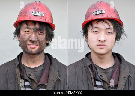 (120216) -- GUJIAO, Feb. 16, 2012 (Xinhua) -- Combo photo shows the contrast of countenance before and after coal miner Yang Chao takes a shower at Malan Coal Mine of Xishan Coal Electricity Group Co., Ltd. in Gujiao City, north China s Shanxi Province, Feb. 15, 2012. We have seen more restaurants and snack bars in our mining area nowadays, and we can enjoy delicious food every day, said Yang. Yang is among numbers of coal mine workers who have dedicated themselves to coal mine operations at depth of hundreds even thousands of meters underground. (Xinhua/Zhan Yan) (zc/ry) CHINA-SHANXI-GUJIAO-C Stock Photo