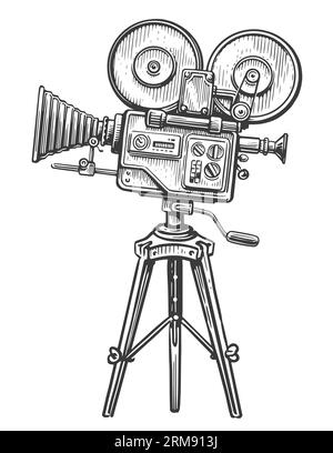 Retro video movie camera on tripod in engraving style. TV, cinema, projector sketch illustration Stock Photo