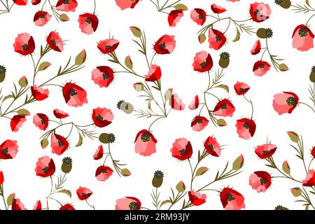 Red poppies and buds on a white background. Vector seamless pattern. For fabric, baby clothes, background, textile, wrapping paper and other decoratio Stock Vector