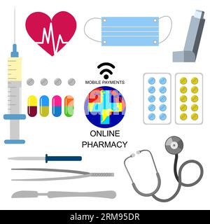Pharmaceutical medications. Ambulance, cardiogram, scalpel on a white ...