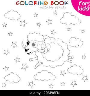Sheep flies in the sky with stars. Coloring book page template for children. Vector illustration Stock Vector