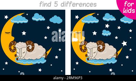 tired sheep sleeps on a cloud in the sky with the moon and stars. Logic game for children. You need to find 5 differences. Printable page for children Stock Vector