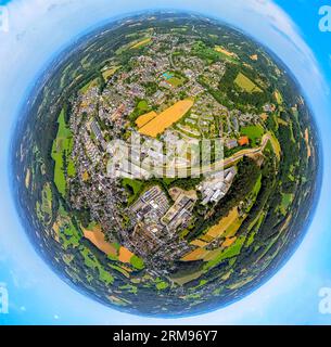 Aerial view, town view Niedersprockhövel, construction site new traffic circle with Glückauf-Allee, globe, fisheye shot, 360 degree shot, tiny world, Stock Photo