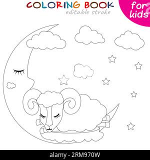 tired sheep sleeps on a cloud against the background of stars. Coloring book page template for children. Vector illustration Stock Vector