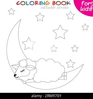 cute sheep sleeps on a cloud in the sky with stars. Coloring book page template for children. Vector illustration Stock Vector
